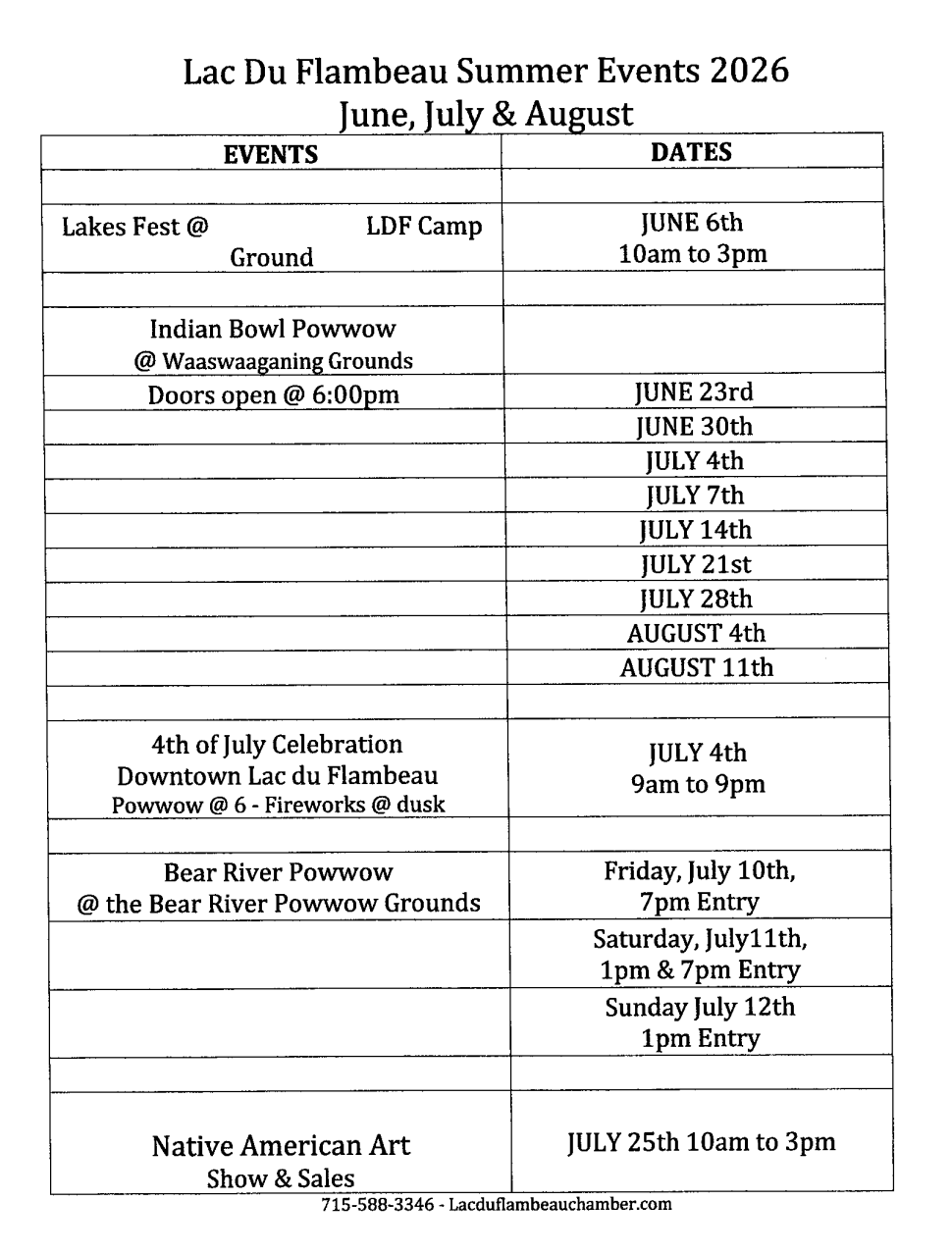 2026 Lac du Flambeau Summer Events.